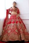 Shop_Pallavi Poddar_Red Silk, Tulle Zari, Embroidery V-neck Jaipur Thread Bridal Lehenga Set _at_Aza_Fashions