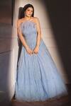 Shivani Awasty Sky Blue Net Crystals, Sequins Square Neck Anna Feather Trim Gown Online at Aza Fashions Shivani Awasty_Sky Blue Net Crystals, Sequins Square Neck Anna Feather Trim Gown _Online_at_Aza_Fashions