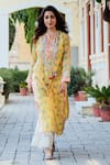 Shop_Gopi Vaid_Yellow Cotton Silk Print Floral Round Neck Radha Bloom Tunic For Women_at_Aza_Fashions