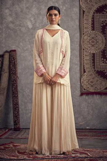 Shop_Hirika & Dhruti_Ivory Georgette, Organza, Crepe Sequins, Floral Jacket Kurta And Flared Pant Set _at_Aza_Fashions