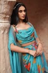 Shop_Ruhr India_Blue Lining Lycra, Viscose Silk Floral Print, Draped Skirt And Blouse Set _at_Aza_Fashions