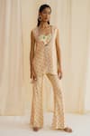 Shop_Drishti & Zahabia_Cream Dupion Silk Embroidered Floral Sweetheart Neck Print Jacket And Pant Set _at_Aza_Fashions