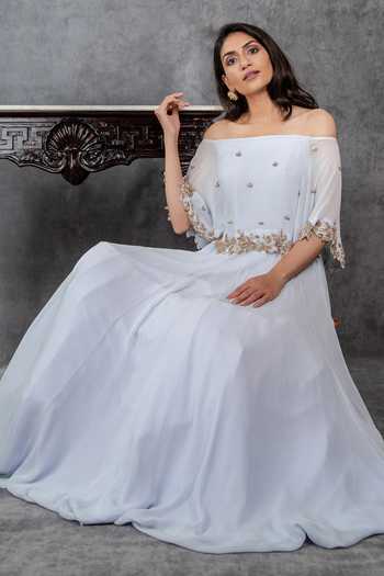 Shop_Sunita Bhandari_Blue Viscose, Georgette Cut Work Off-shoulder Embroidered Off Gown _at_Aza_Fashions