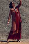Shop_Label Varsha_Maroon Wool, Viscose, Pashmina Embroidery Mandarin Collar, Kurta Set With Jacket_at_Aza_Fashions