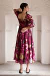 Shop_Taro_Wine Chanderi Silk Square Neck Ruby Berry Floral Print Dress _at_Aza_Fashions