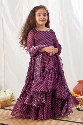 Shop_Vivedkids_Purple Chiffon Gota Patti Stripe Pattern Pleated Lehenga Set _at_Aza_Fashions