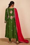Shop_Sue Mue_Green Tussar, Georgette, Lycra, Silk Embroidery V-neck Shambhavi Kurta Set _at_Aza_Fashions