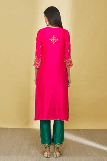 Shop_Surbhi Shah_Pink Silk, Organza Beads, Embroidery, Tassels Keyhole Floral Dori Kurta Set _at_Aza_Fashions