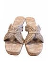Shop_Cinderella by Heena Yusuf_Gold Snake Textured Pattern Curved Braided Strap Wedges_at_Aza_Fashions