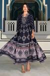 Shop_Bairaas_Blue Rayon Embellished Russian Block Pattern And Stone Work Notched Round Dress_at_Aza_Fashions