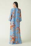 Shop_Payal Pratap_Blue Linen Satin Print Floral V Neck Malino Kaftan  _at_Aza_Fashions