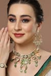 Shop_Dugran By Dugristyle_Green Metallic Thread, Crystals Meenakari Work Choker Set _at_Aza_Fashions