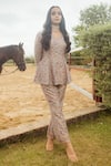 Shop_Safaa_Grey Vegan Silk Woven Paisley And Foliage Weave V Yasmin Peplum Top And Pant Set _at_Aza_Fashions