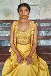 Shop_17:17 By Simmi Saboo_Yellow Muslin Silk Leaf, Bead Bustier V Neck, Jacket Embroidered Skirt Set_at_Aza_Fashions