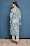 Shop_Pheeta_Blue Cotton Printed Flower Mandarin Collar Kurta And Pant Set _at_Aza_Fashions