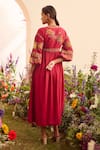 Shop_Chandrima_Fuchsia Kala Cotton Embroidery Bead And Thread V Neck Floral Midi Dress _at_Aza_Fashions