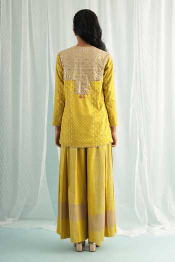 Shop_Surbhi Gupta_Yellow Cotton, Silk Sequins, Beads Canary Kai Geometric Print Jacket Palazzo Set _at_Aza_Fashions