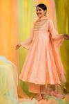 Shop_Kacha Tanka_Peach Anarkali And Pant Cotton Voile Embroidery Bell Sleeve Set _at_Aza_Fashions