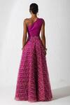 Shop_Rishi and Vibhuti_Pink Net, Organza Stones One Shoulder Rosella Corset And Skirt Set_at_Aza_Fashions