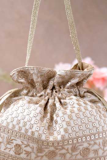 Shop_Amyra_Off White Embroidery, Tassels Floral Potli Bag _at_Aza_Fashions