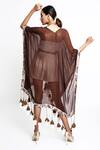 Shop_Anmol Kakad_Brown Cotton, Silk Tassels V-neck Sheer Hem Cover Up_at_Aza_Fashions