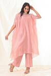 Shop_PIRI INDIA_Pink Chanderi, Organza Sequins, Pearls, Embroidered Tunic And Straight Pant Set _at_Aza_Fashions