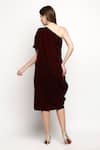 Shop_Monk & Mei_Maroon Velvet Brocade And Tassels One Shoulder Shakira Cowl Draped Dress _at_Aza_Fashions