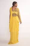 Shop_Merge Design_Yellow Georgette, Net, Crepe Embroidery Boat Neck Solid Pre-draped Saree Set _at_Aza_Fashions