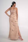 Shop_Merge Design_Beige Net, Modal, Crepe Pearls, Stones Asymmetric One Shoulder Gown _at_Aza_Fashions