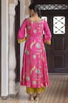 Shop_Rajiramniq_Fuchsia Kurta Silk Printed And Embroidered Floral Deep V Neck Set _at_Aza_Fashions