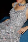 Shop Nadine Dhody Grey Tulle Sequins, Cut Work, Crystals Sweetheart Zoe Hand Embroidered Gown at Aza Fashions Shop_Nadine Dhody_Grey Tulle Sequins, Cut Work, Crystals Sweetheart Zoe Hand Embroidered Gown _at_Aza_Fashions
