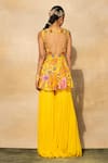 Shop_DiyaRajvvir_Yellow Cotton Silk Printed Floral Jaal Embroidered Peplum Top And Gharara Pant Set _at_Aza_Fashions