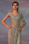 Shop_Rohit Gandhi + Rahul Khanna_Grey Tulle Crystals V-neck Pre-draped Embroidered Saree With Blouse _at_Aza_Fashions