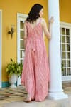 Shop_KARAJ JAIPUR_Pink Muslin Printed Abstract V Neck Draped Jumpsuit_at_Aza_Fashions