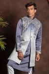 Shop_More Mischief_Grey Silk Linen Embroidery Floral Ombre Long Bundi And Kurta Set  _at_Aza_Fashions