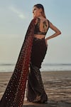 Monk & Mei_Wine Blouse Velvet Embroidered Sequin U Neck Pre- Draped Saree With_Online_at_Aza_Fashions