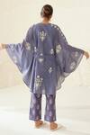 Shop_Cotton and Clay_Blue Chanderi Hand Block Print Bouquet Jacket Kimono Top Trouser Set  _at_Aza_Fashions