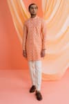 Shop_Drishti & Zahabia_Peach Kurta Dupion Silk And Pants Silk Lining Checkered Set _at_Aza_Fashions