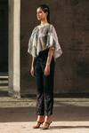 Shop_Akhl_Ivory Tulle, Viscose Fringe V-neck Poncho _at_Aza_Fashions