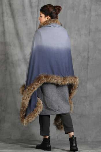 Shop_Dusala_Grey Handwoven Cashmere Fine Wool Fur Bordered Stole _at_Aza_Fashions
