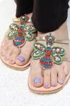 Shop_Sandalwali_Multi Color Leather Queen Bee And Pearl Embroidered Sandals_at_Aza_Fashions