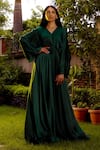 Shop_OMANA BY RANJANA BOTHRA_Green Satin Sequin V Neck Emerald Flared Gown For Women_at_Aza_Fashions