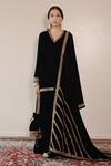Shop_Shrutkirti_Black Silk, Velvet Embroidery, Sequins V-neck Kurta Set With Dupatta_at_Aza_Fashions