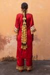 Shop_Avaasya Jaipur_Red Gabardine, Silk Fringe, Embroidery Sleeve Embellished Kurta And Pant Set  _at_Aza_Fashions