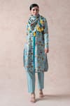 Buy_Thetaa_Sky Blue Dupion Silk Floral Band Collar Kurta Set _at_Aza_Fashions