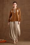 Shop_Nikasha_Brown Cotton, Silk, Rayon Embroidery, Beads Applique Top And Baggy Pant Set _at_Aza_Fashions