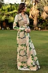 Shop_SANAM_Beige Organza Hand Embroidered Floral Pattern Jacket Open Elea Saree Set _at_Aza_Fashions