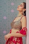 Shop_Krisha sunny Ramani_Red Georgette Printed Jhumkas Round Ruffle Pant Saree With Blouse _at_Aza_Fashions