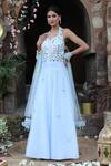 Shop_Nitisha Kashyap Official_Blue Net, Silk Mirrors, Beads, Zari Halter Embroidered Anarkali With Dupatta _at_Aza_Fashions