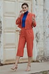 Shop_Betrue_Orange Cotton Linen Notched Double Breasted Jacket And Culottes Set  _at_Aza_Fashions